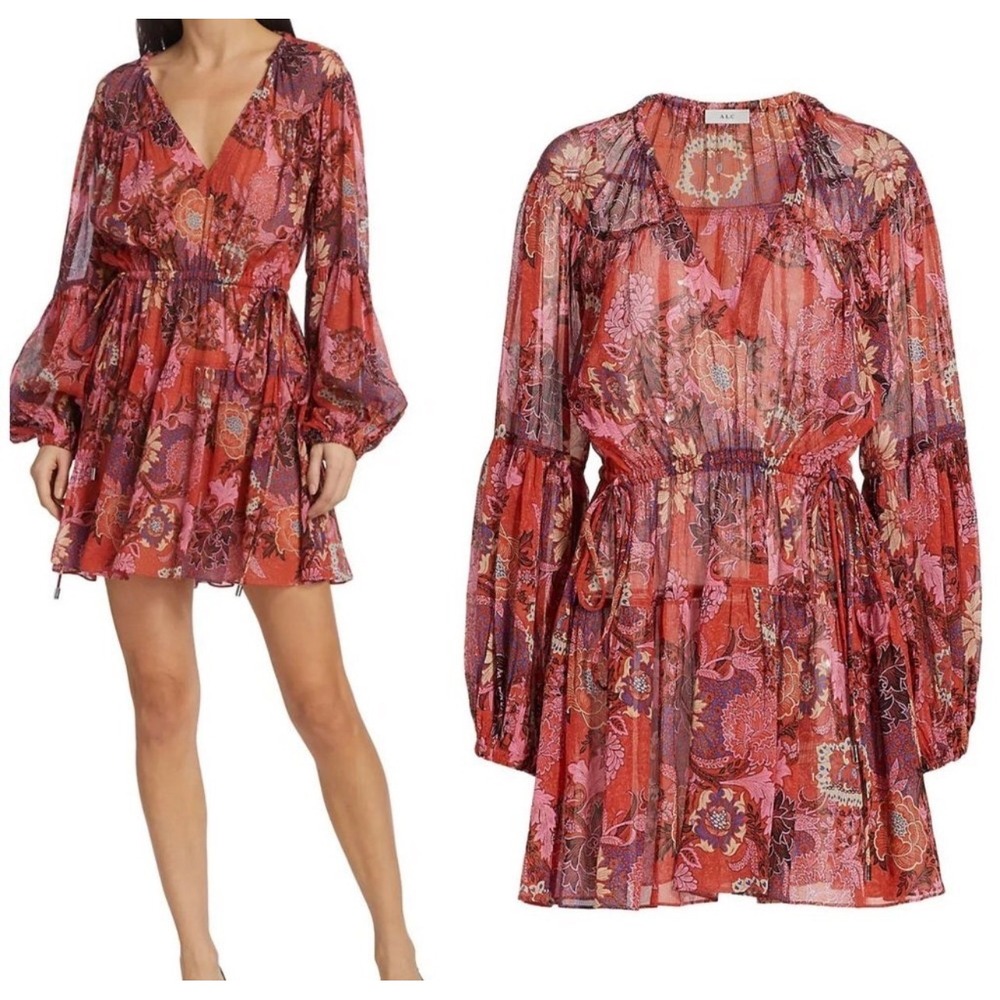 A.L.C Silk Floral Mini Dress Fairy Romantic Tiered Red Size 2 Chiffon Resortwear